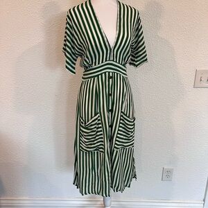 Faithful the Brand Green Striped V-Neck Dress